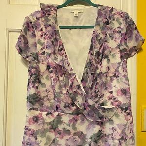 Faux Wraparound White and Lavender Flowered Top